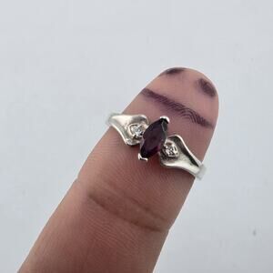 925 Sterling Silver Marquise Red Stone Ring Size 9.75 Vintage Style CZ Accents